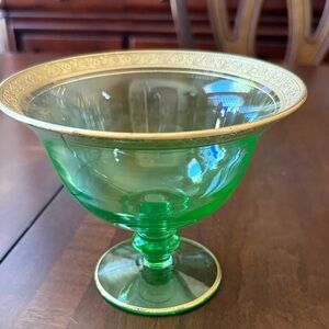 Art Deco Tiffin Rambling Rose Vaseline green glow glass gold rim compote bowl